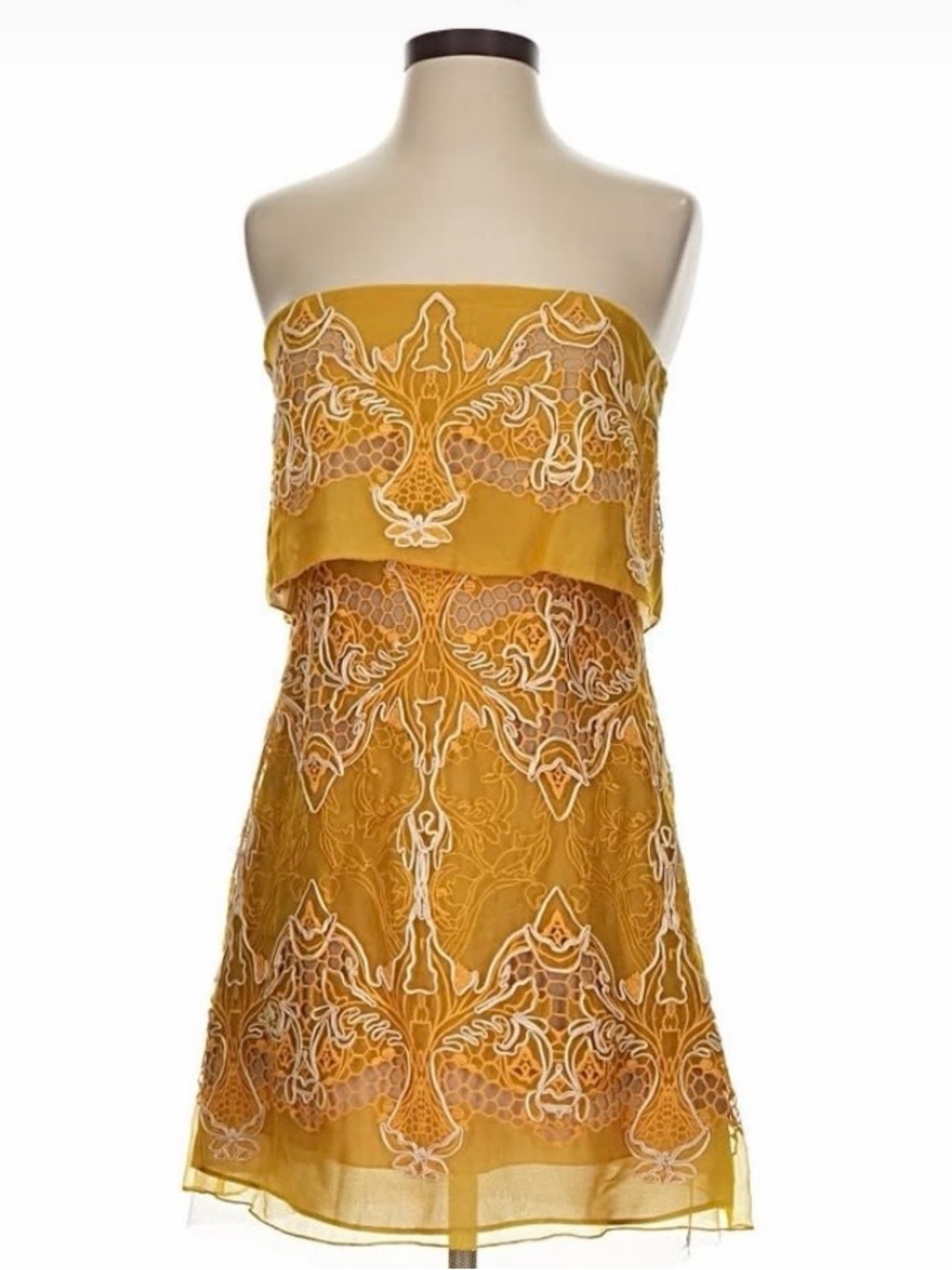 BCBGMaxAzria Strapless Golden Yellow Embroidered Mini Dress